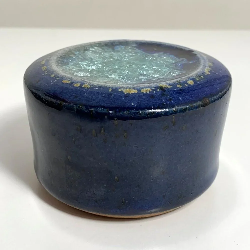 Salterra Spice Shaker Blue Ceramic Pottery w/ Geode Crackle Glass
